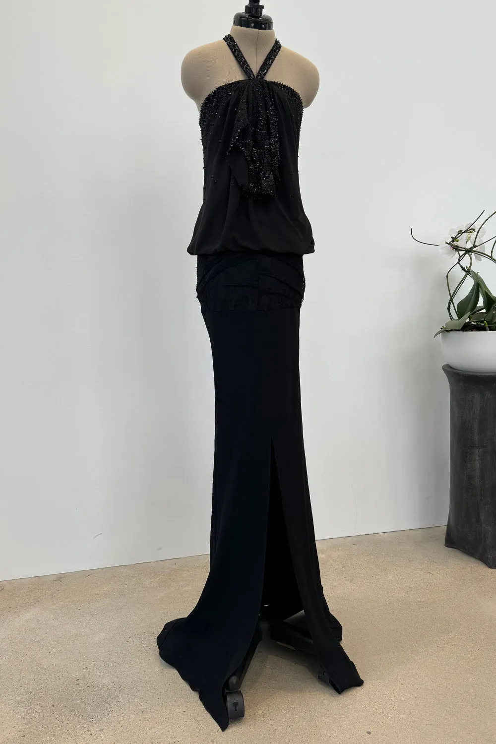 Christian Dior Spring 2003 Black Silk Chiffon Lace & Sequin Halter - 11-14" W
