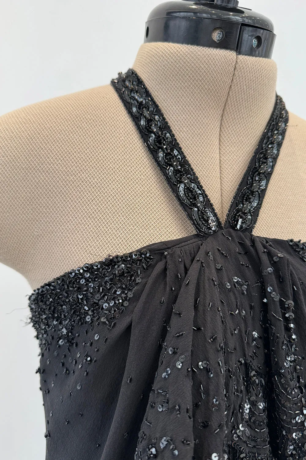 Christian Dior Spring 2003 Black Silk Chiffon Lace & Sequin Halter - 11-14" W