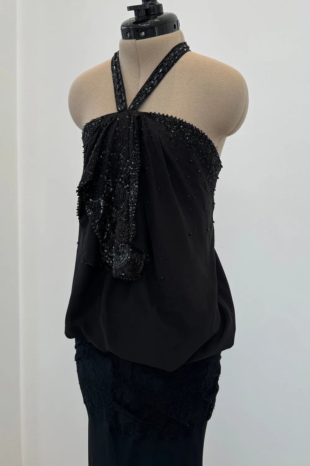 Christian Dior Spring 2003 Black Silk Chiffon Lace & Sequin Halter - 11-14" W