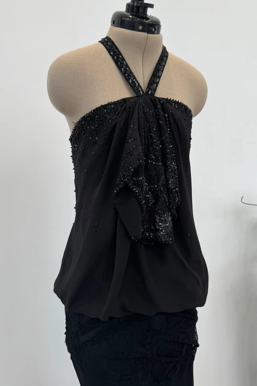Christian Dior Spring 2003 Black Silk Chiffon Lace & Sequin Halter - 11-14" W