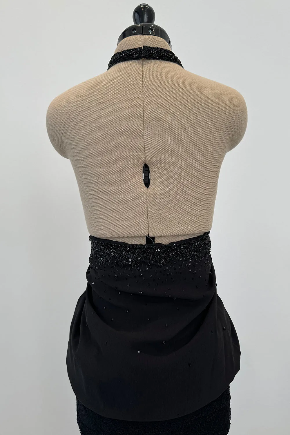 Christian Dior Spring 2003 Black Silk Chiffon Lace & Sequin Halter - 11-14" W