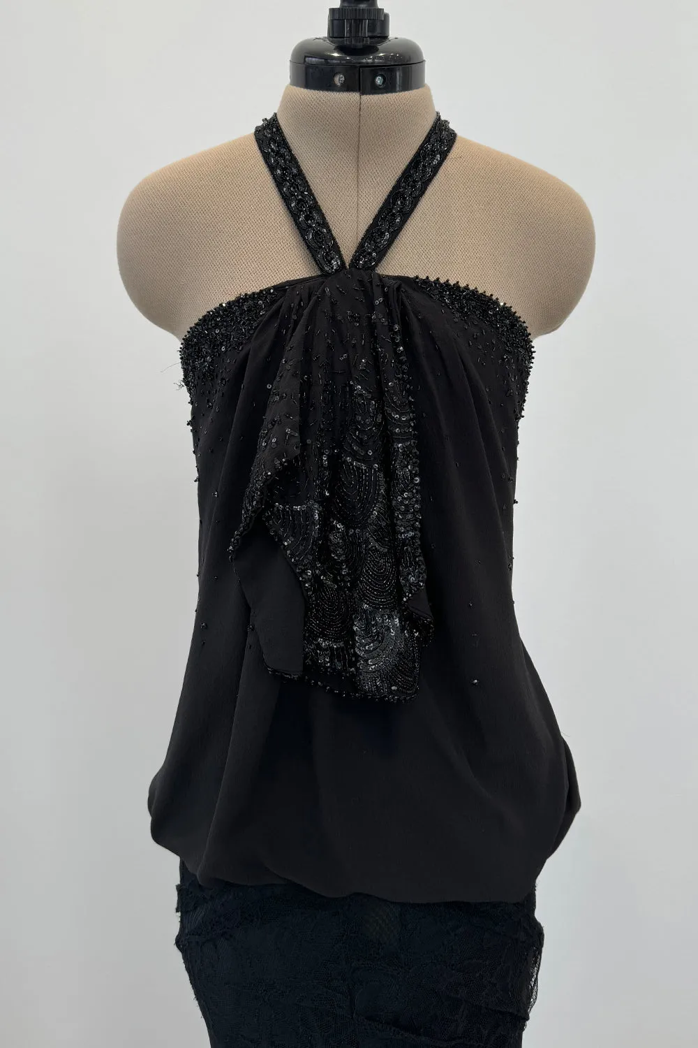 Christian Dior Spring 2003 Black Silk Chiffon Lace & Sequin Halter - 11-14" W