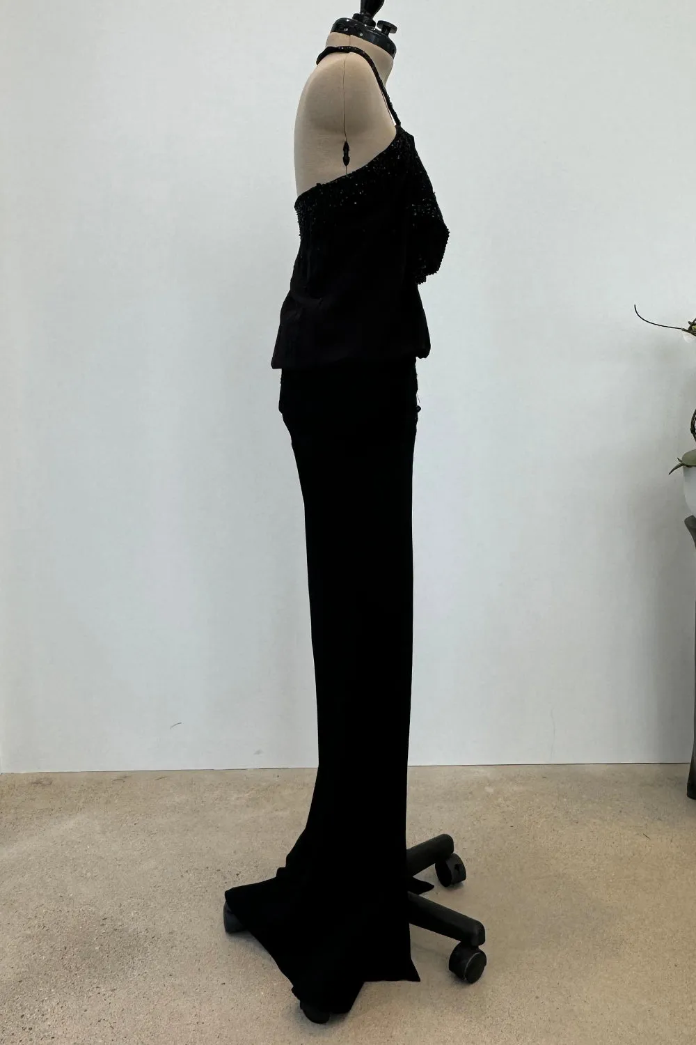 Christian Dior Spring 2003 Black Silk Chiffon Lace & Sequin Halter - 11-14" W