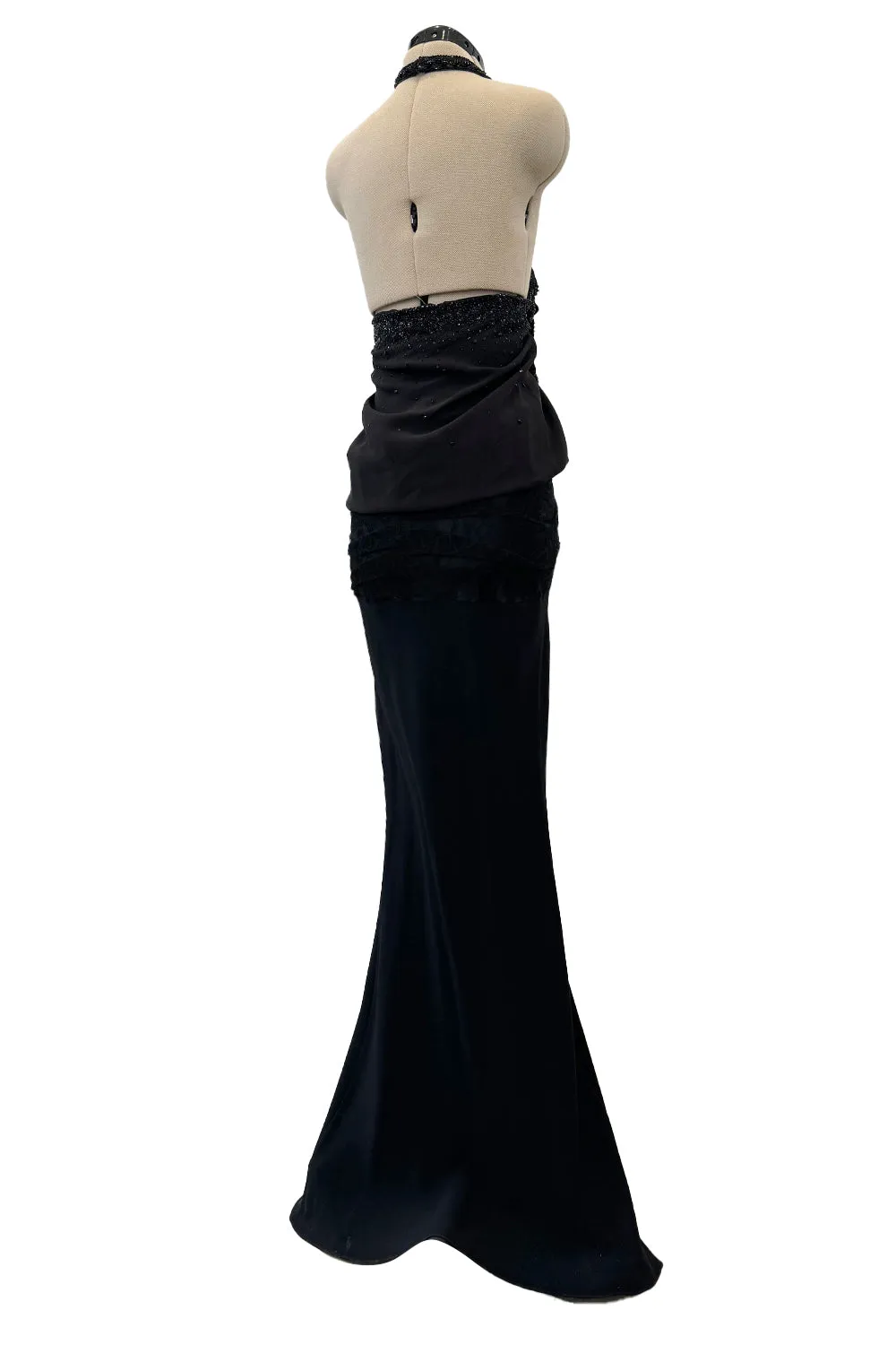 Christian Dior Spring 2003 Black Silk Chiffon Lace & Sequin Halter - 11-14" W