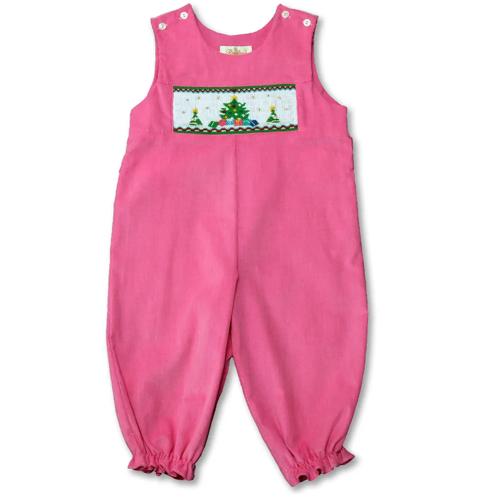 Christmas Tree Presents Pink Corduroy Smocked Knicker