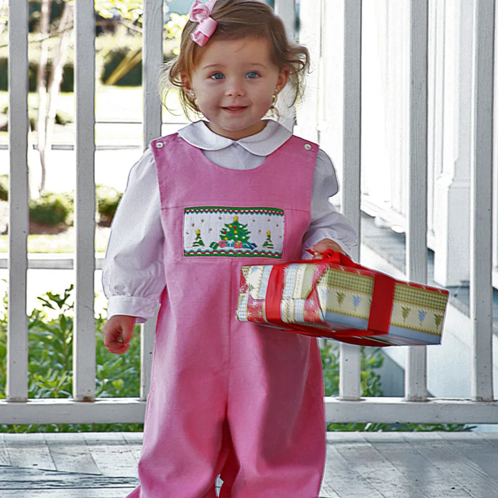 Christmas Tree Presents Pink Corduroy Smocked Knicker