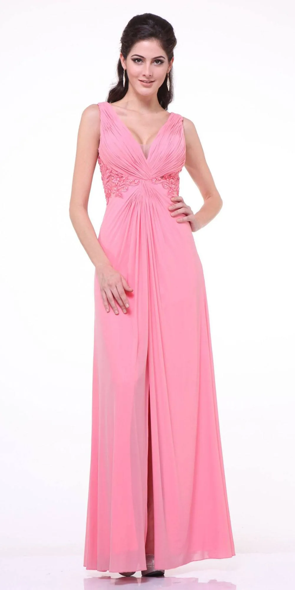 Cinderella Divine 73 Twist Front Evening Dress Chiffon Front Slit V-Neckline