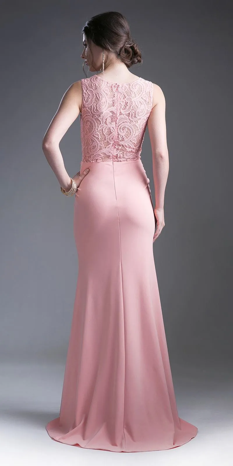 Cinderella Divine CF115 Long Lace Bodice Stretch Knit Sheath Dress Sleeveless