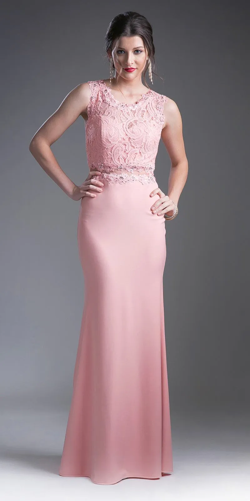 Cinderella Divine CF115 Long Lace Bodice Stretch Knit Sheath Dress Sleeveless
