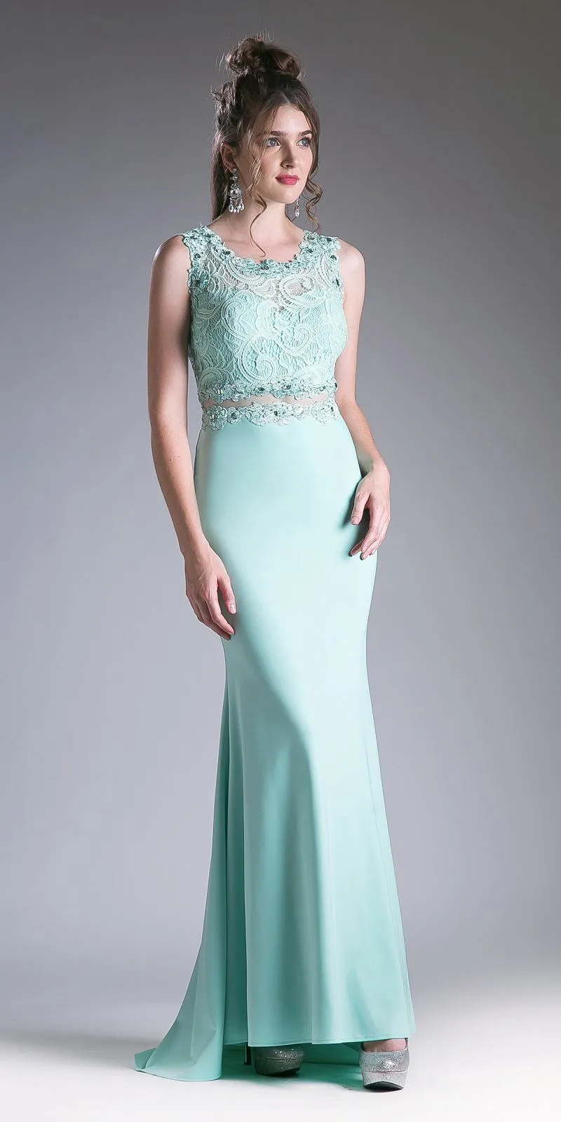 Cinderella Divine CF115 Long Lace Bodice Stretch Knit Sheath Dress Sleeveless