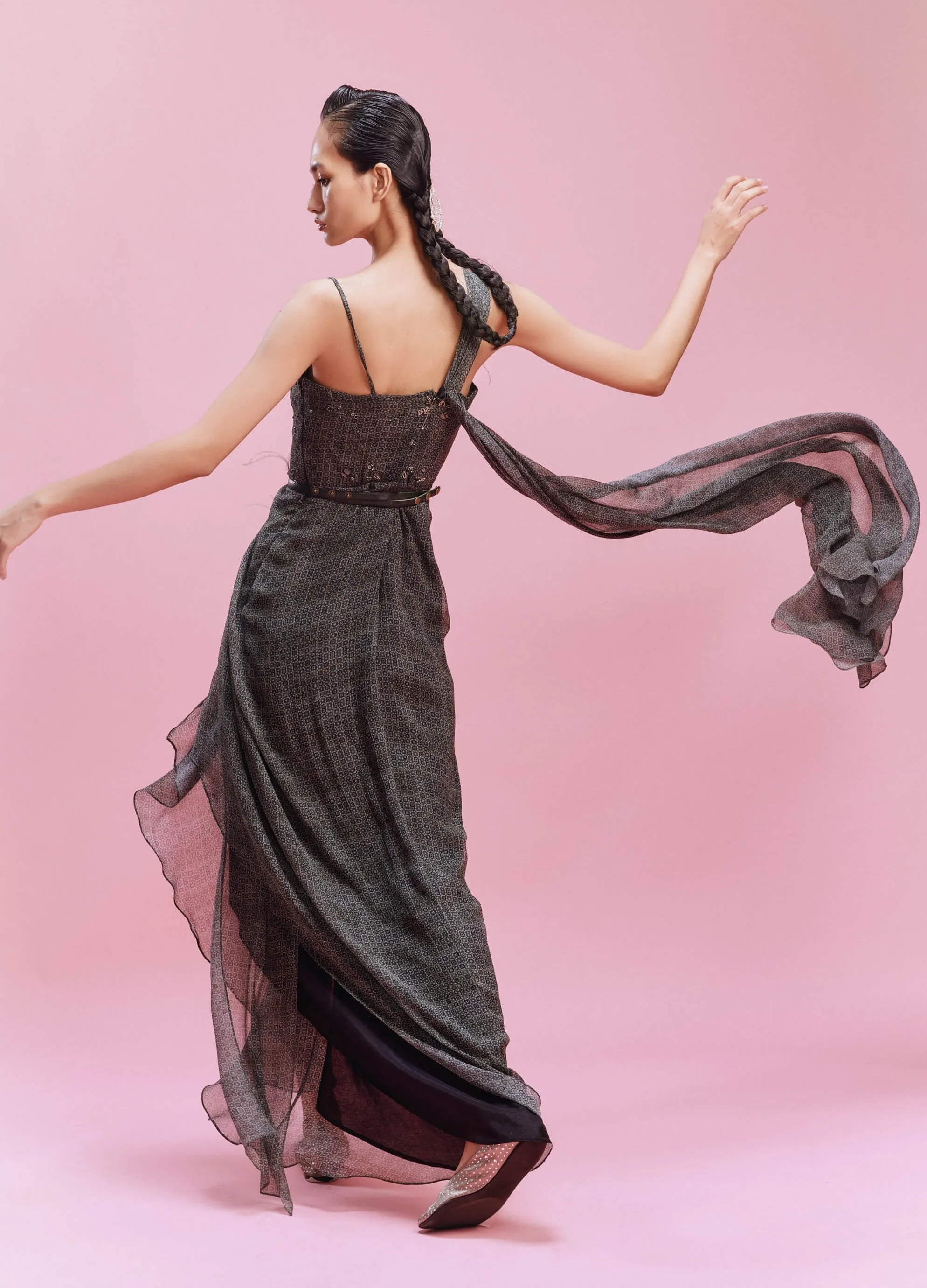 Clarette geometric print chiffon draped gown