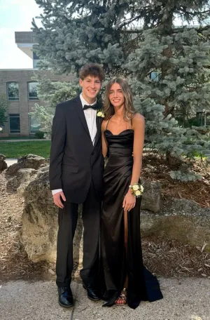 Classy Black Straps Sheath Split Satin Long Party Dress Graduation Dress, DP4800