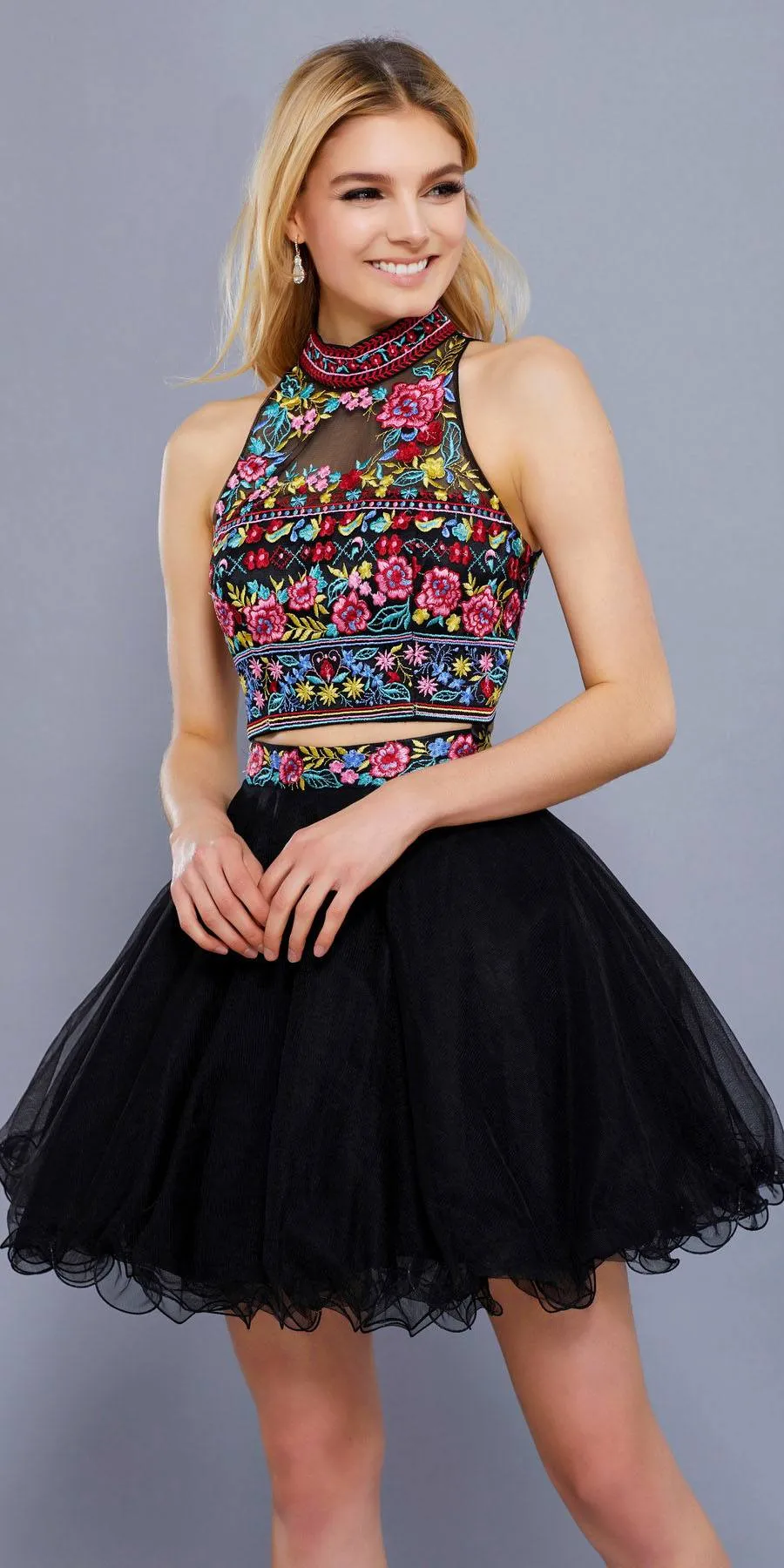 CLEARANCE - Nox Anabel 6272 Embroidered Crop Top Two-Piece Dress (Size L)