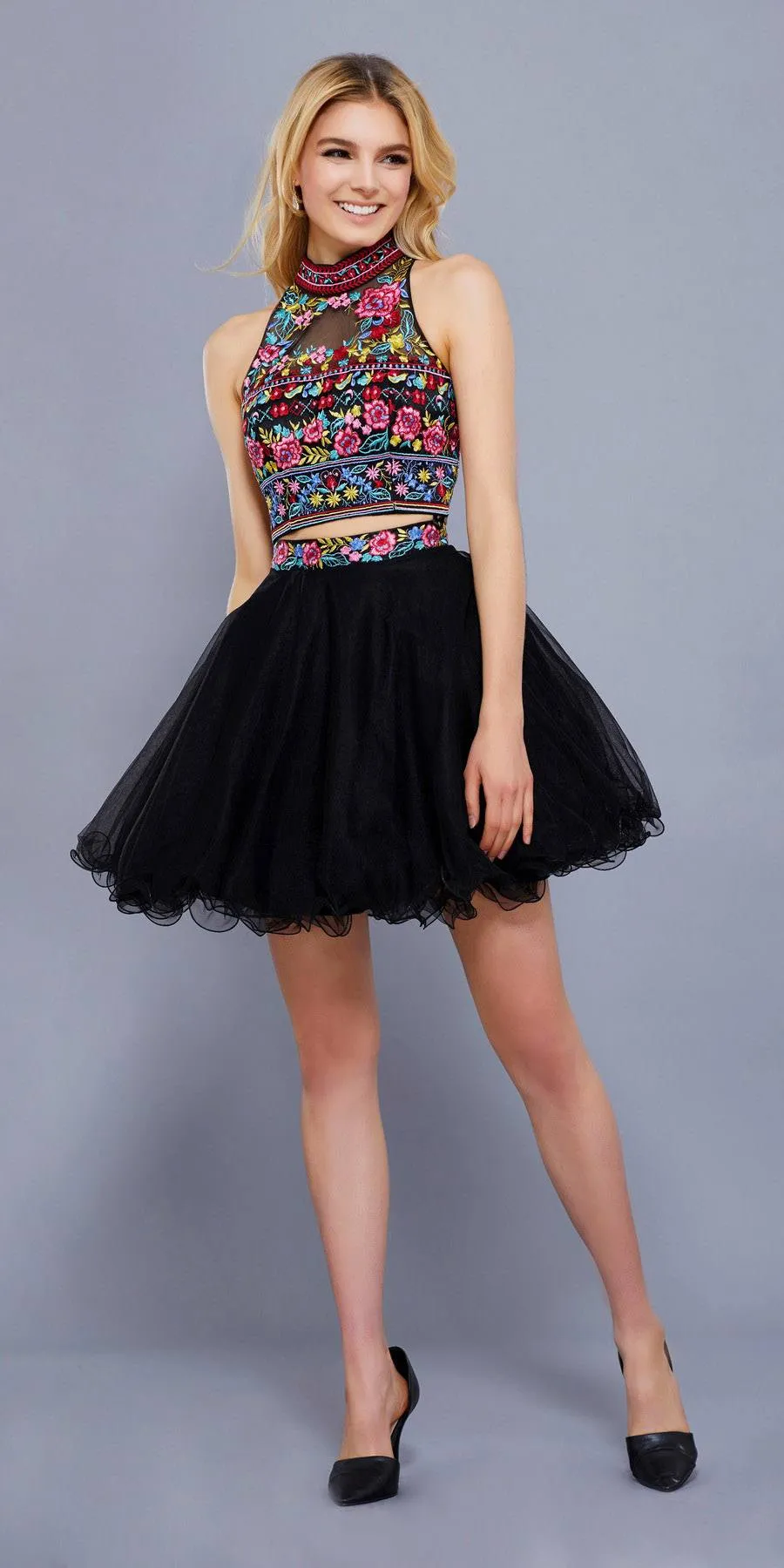 CLEARANCE - Nox Anabel 6272 Embroidered Crop Top Two-Piece Dress (Size L)