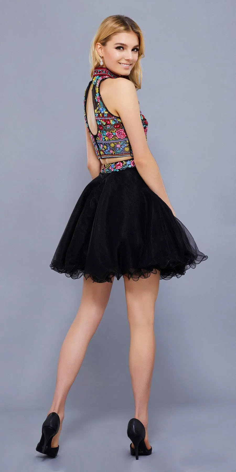 CLEARANCE - Nox Anabel 6272 Embroidered Crop Top Two-Piece Dress (Size L)