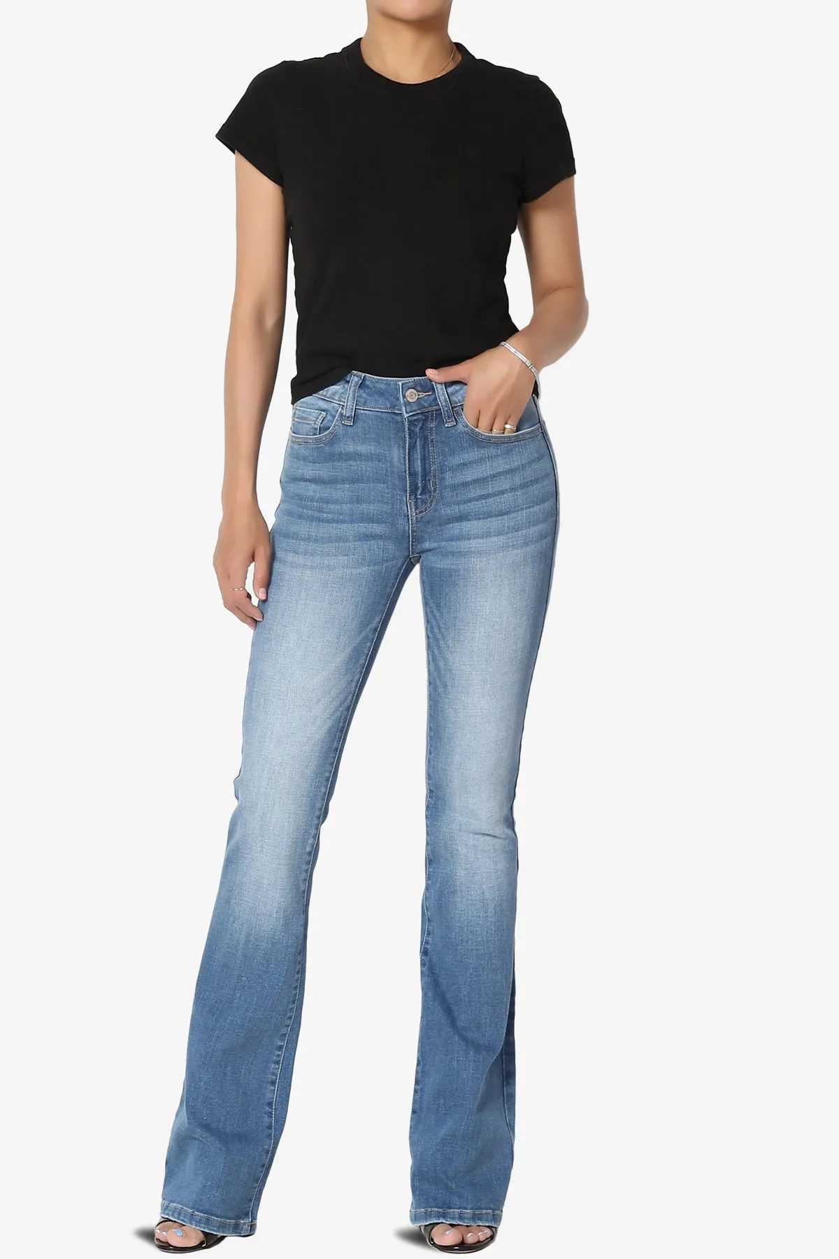 Clyde Washed Mid Rise Boot Cut Jeans in Med