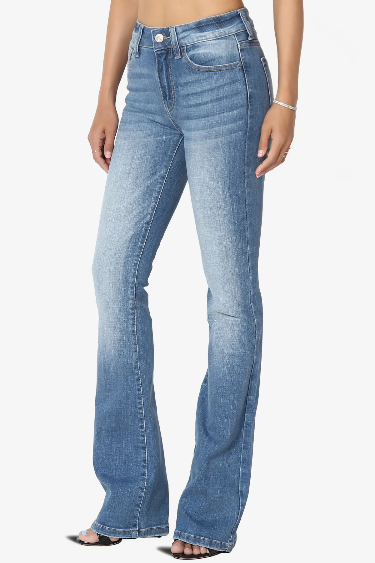 Clyde Washed Mid Rise Boot Cut Jeans in Med