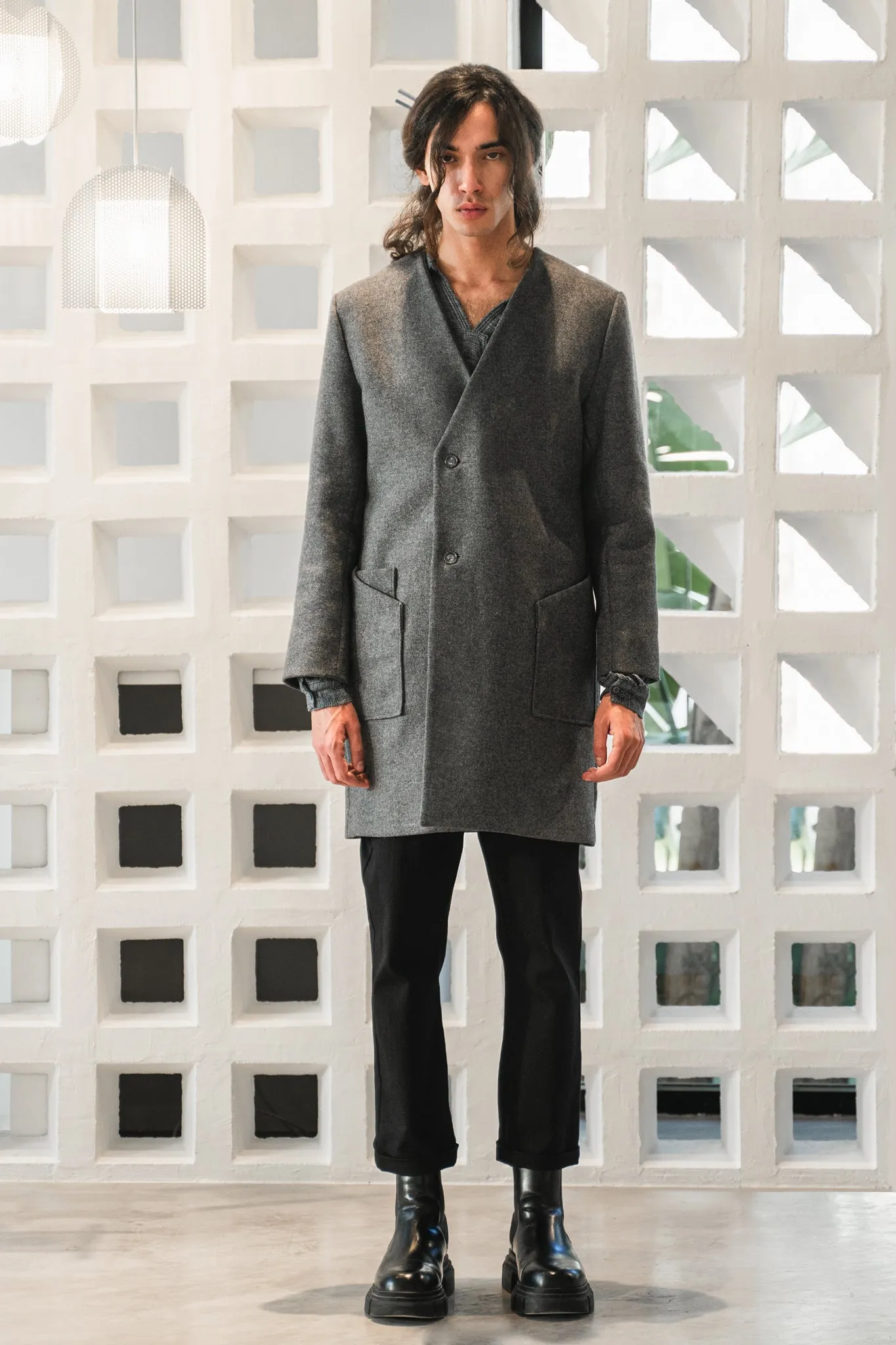Collarless coat