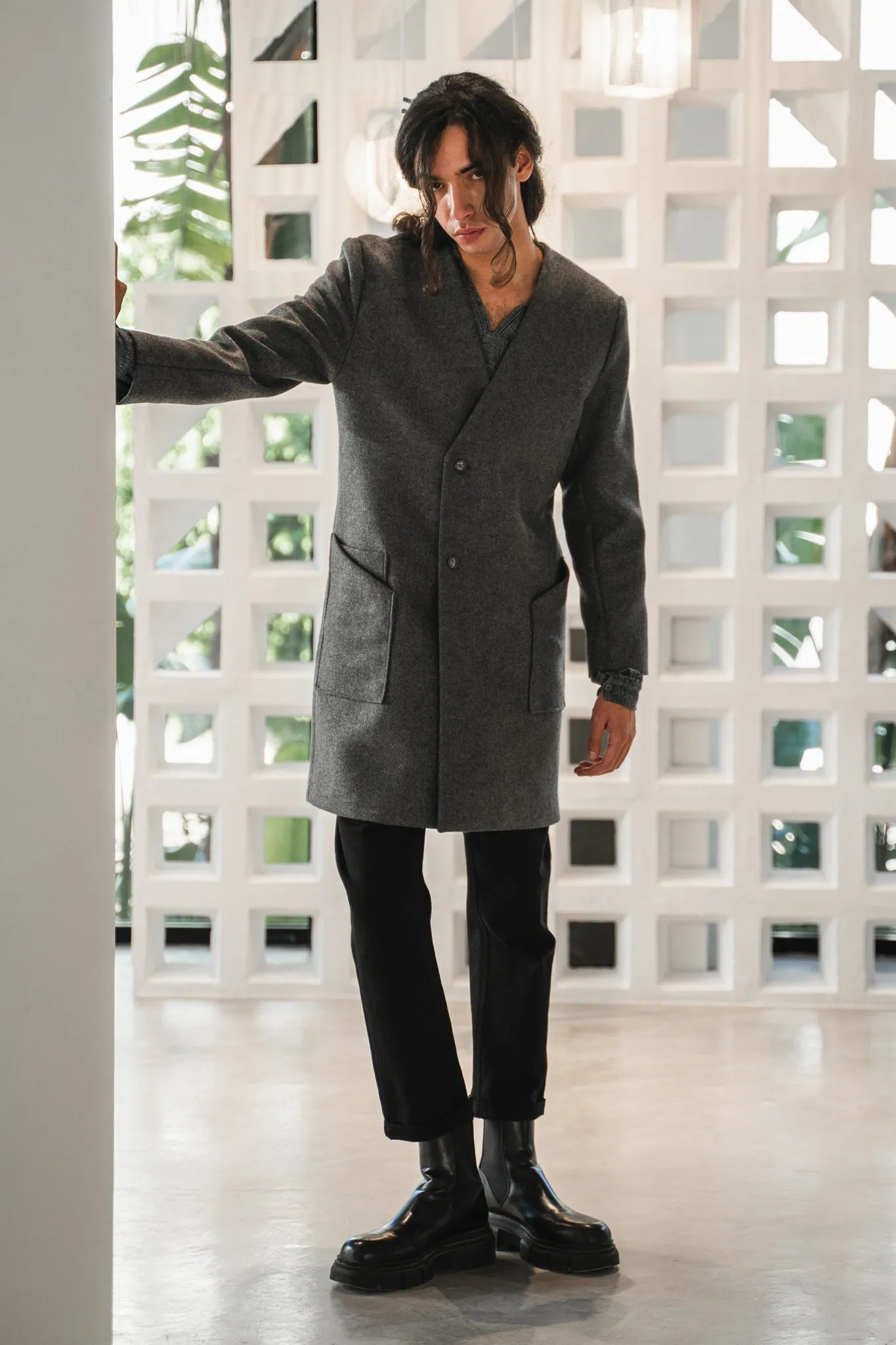 Collarless coat