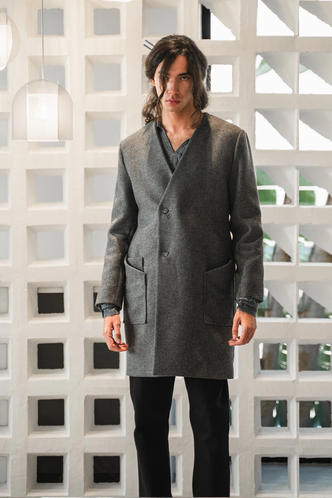 Collarless coat