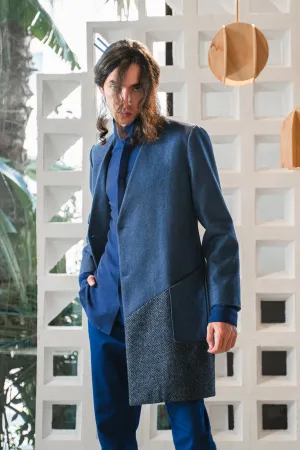 Collarless color blocked coat