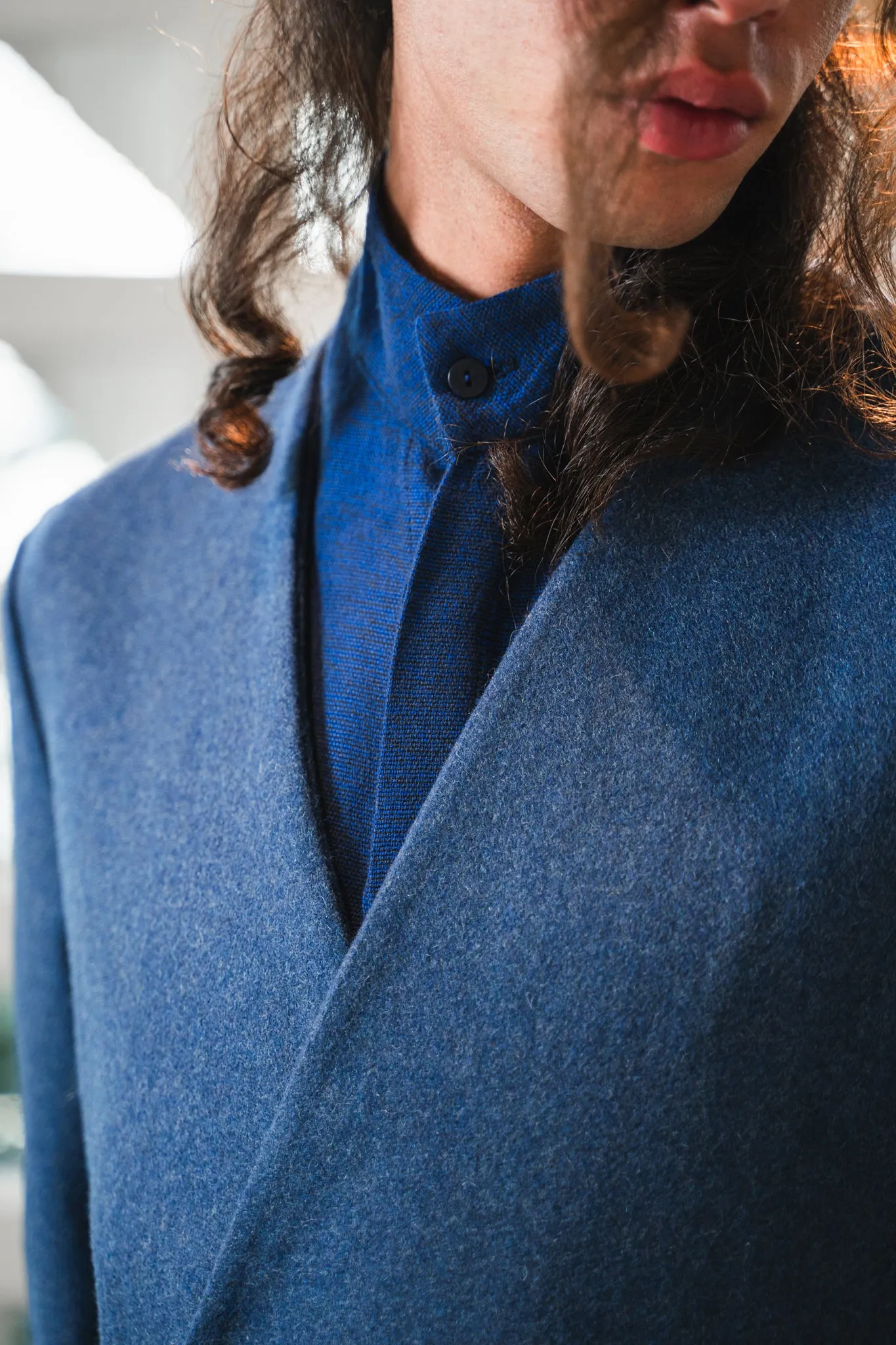 Collarless color blocked coat