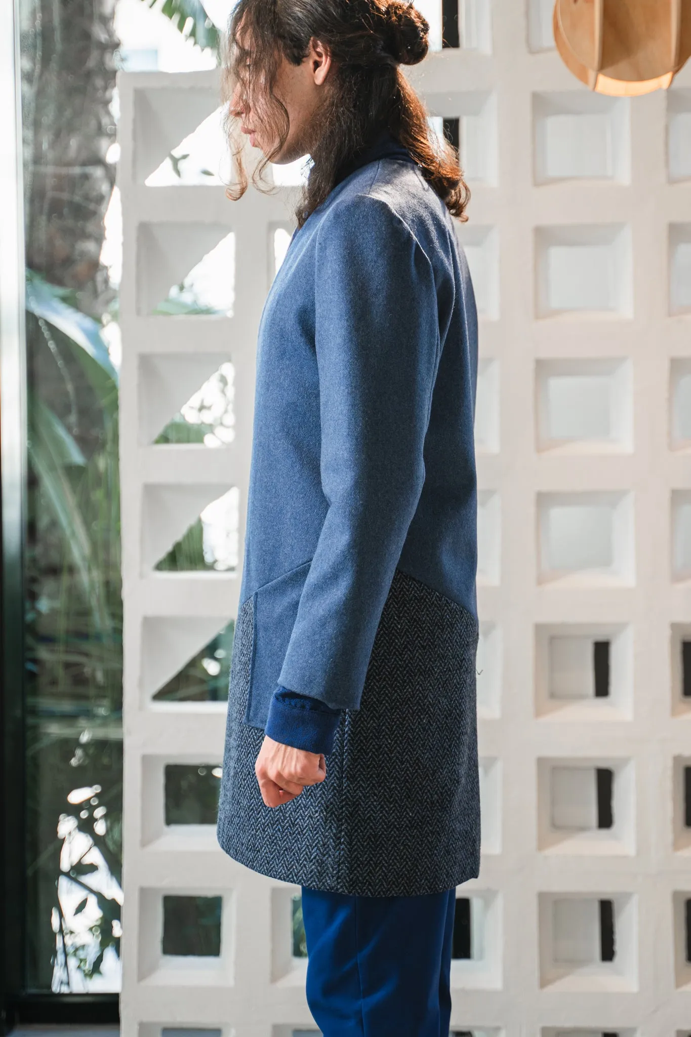 Collarless color blocked coat