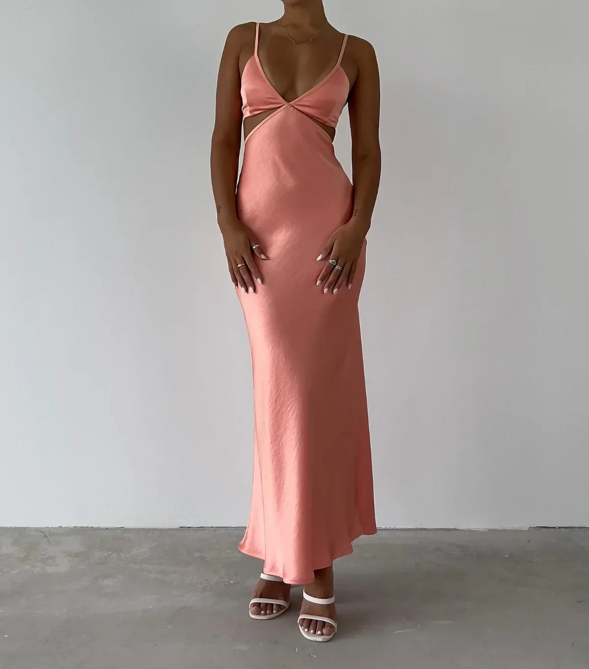 Coral Pink Spaghetti Straps Sheath Satin Long Party Dress, DP3995