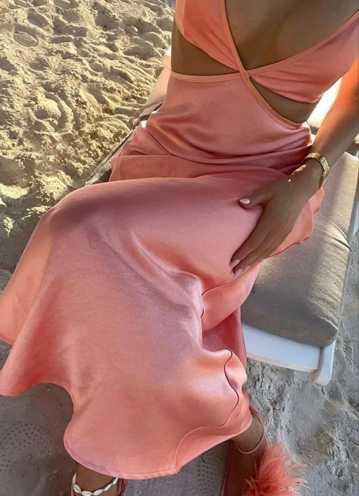 Coral Pink Spaghetti Straps Sheath Satin Long Party Dress, DP3995