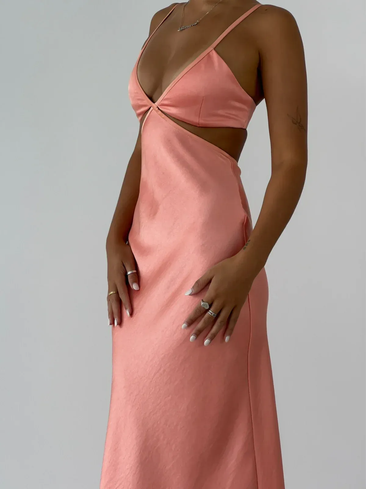 Coral Pink Spaghetti Straps Sheath Satin Long Party Dress, DP3995