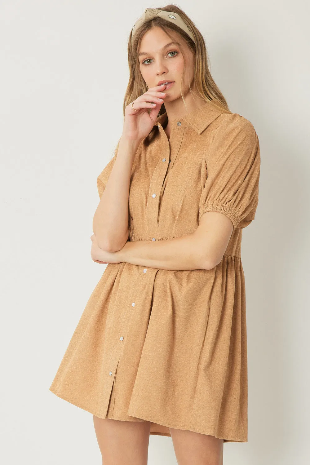 Corduroy button up collared mini dress with puff sleeves