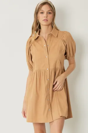 Corduroy button up collared mini dress with puff sleeves