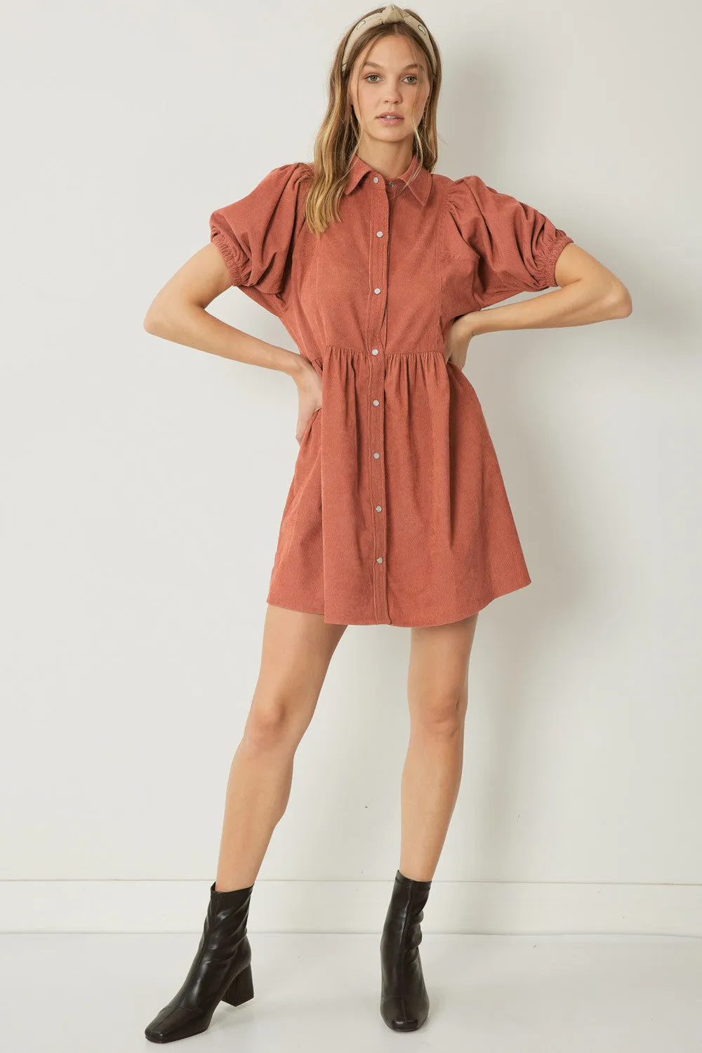 Corduroy button up collared mini dress with puff sleeves