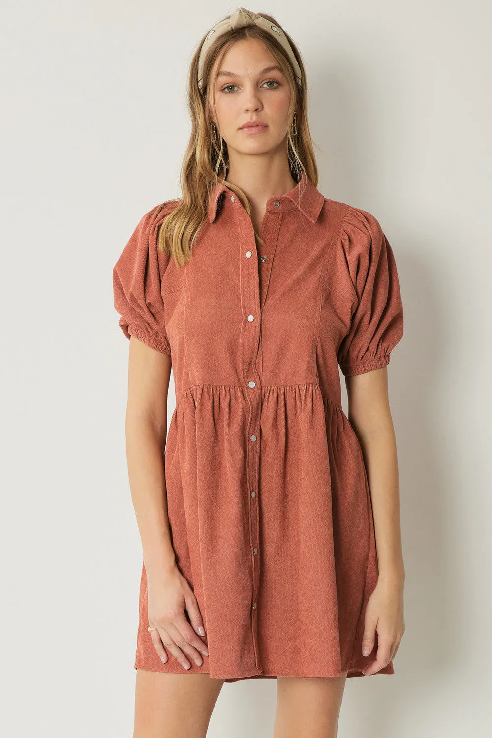 Corduroy button up collared mini dress with puff sleeves