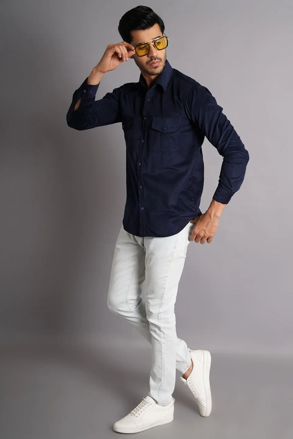 Corduroy Cotton Dark Blue Solid Shirt