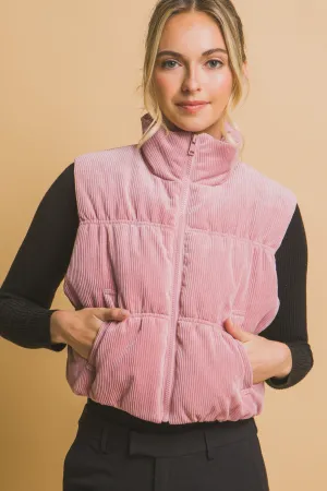 Corduroy Puffer Vest - Pink Stone