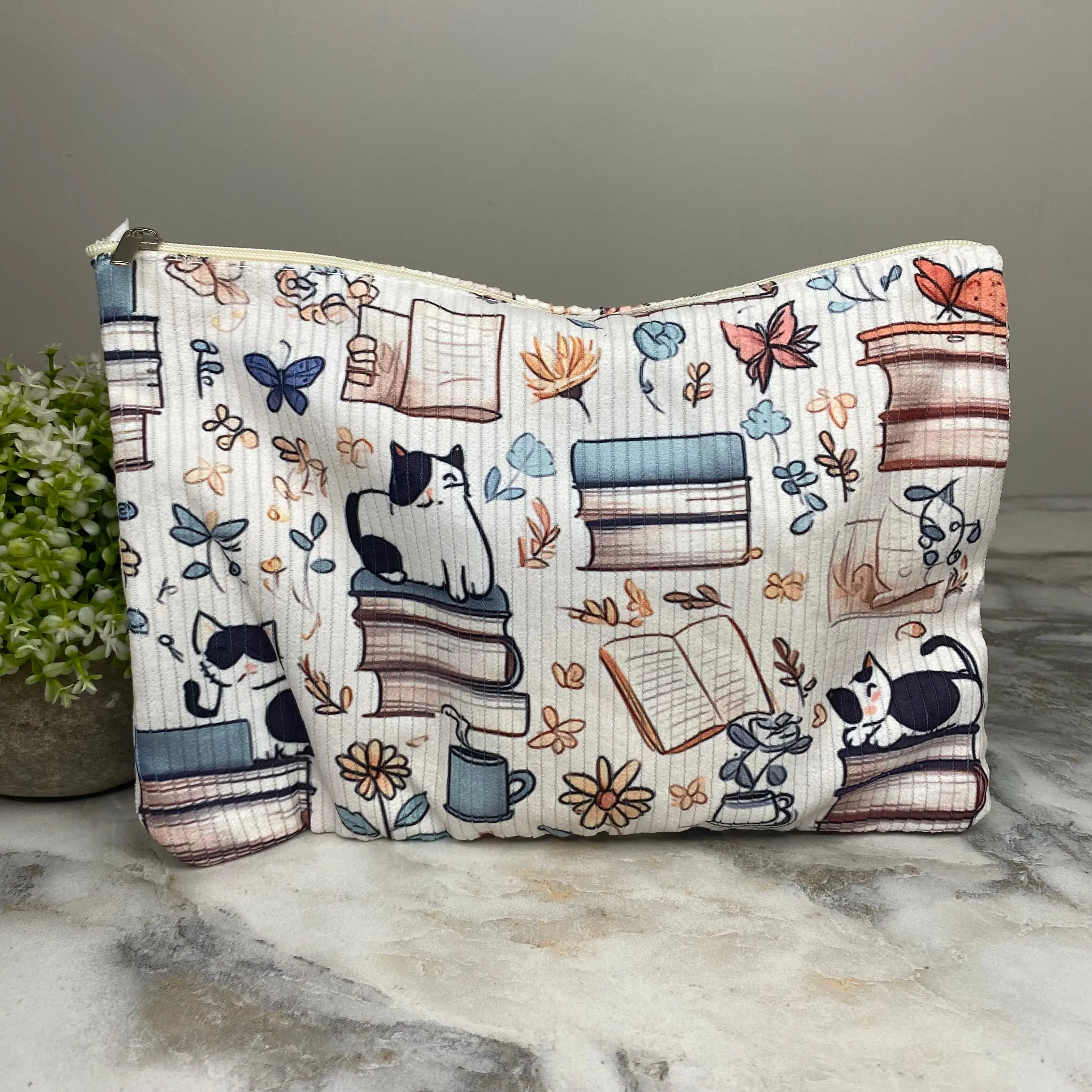 Corduroy Zip Pouch - #47 Cats & Books