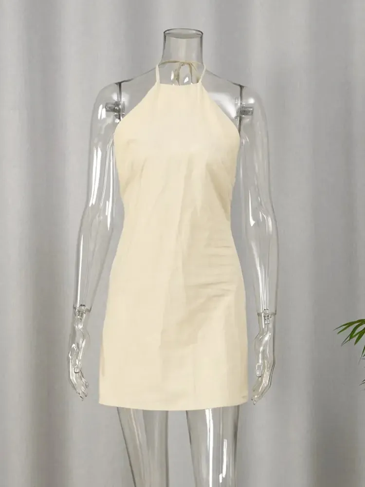 Cotton And Linen Backless Mini Halter Dress