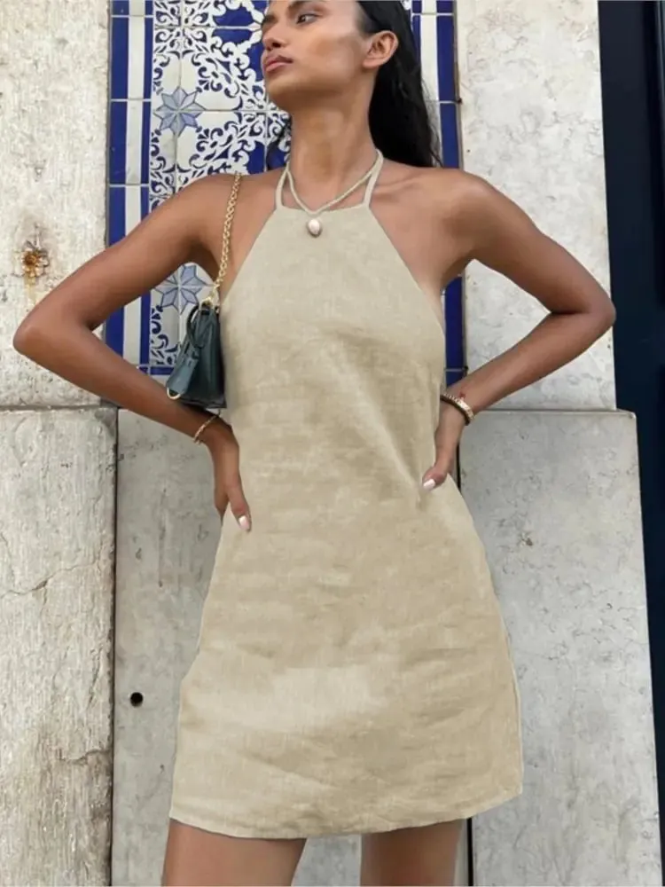 Cotton And Linen Backless Mini Halter Dress