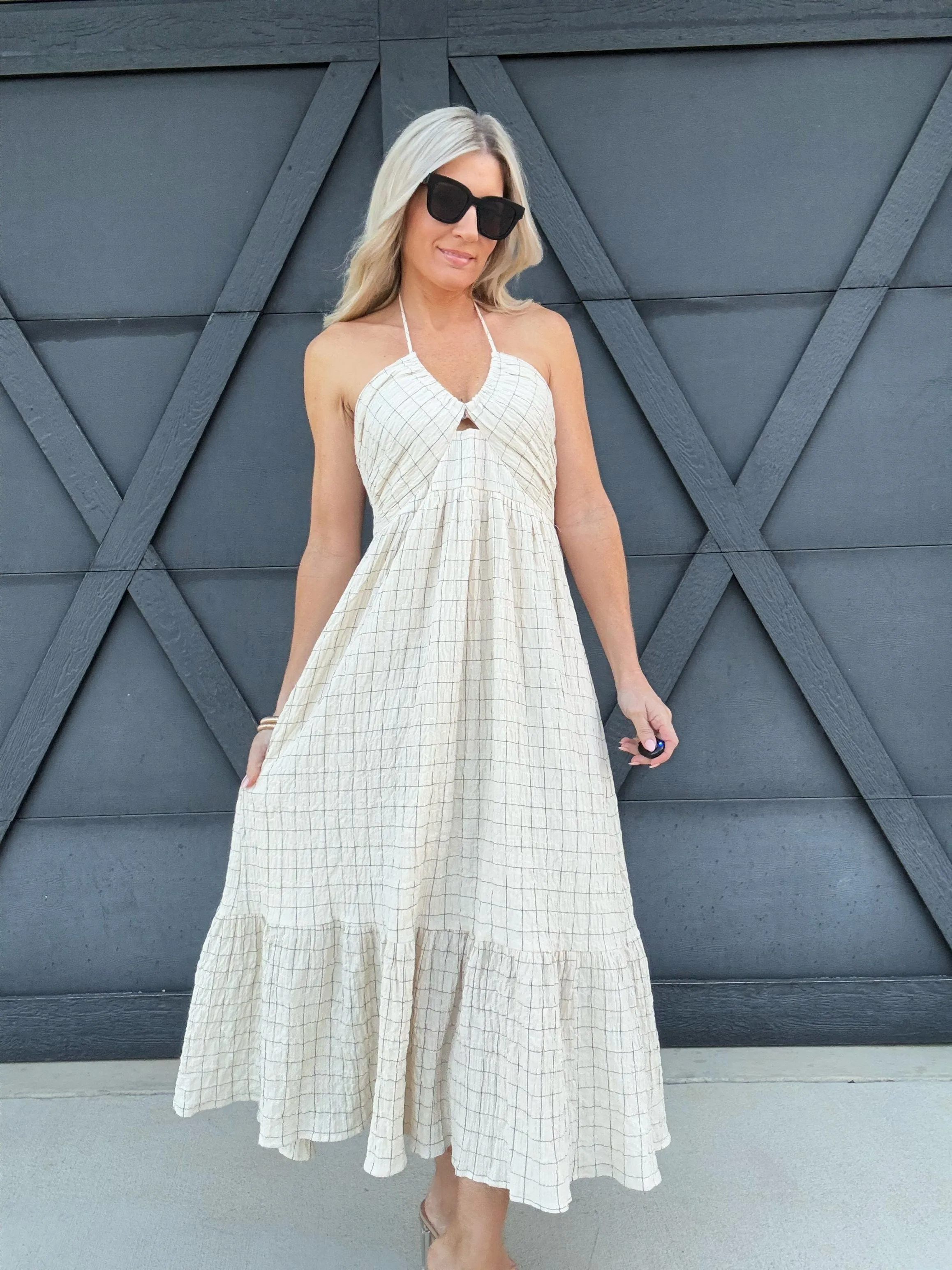 Crinkled Halter Neck Dress In Oatmeal