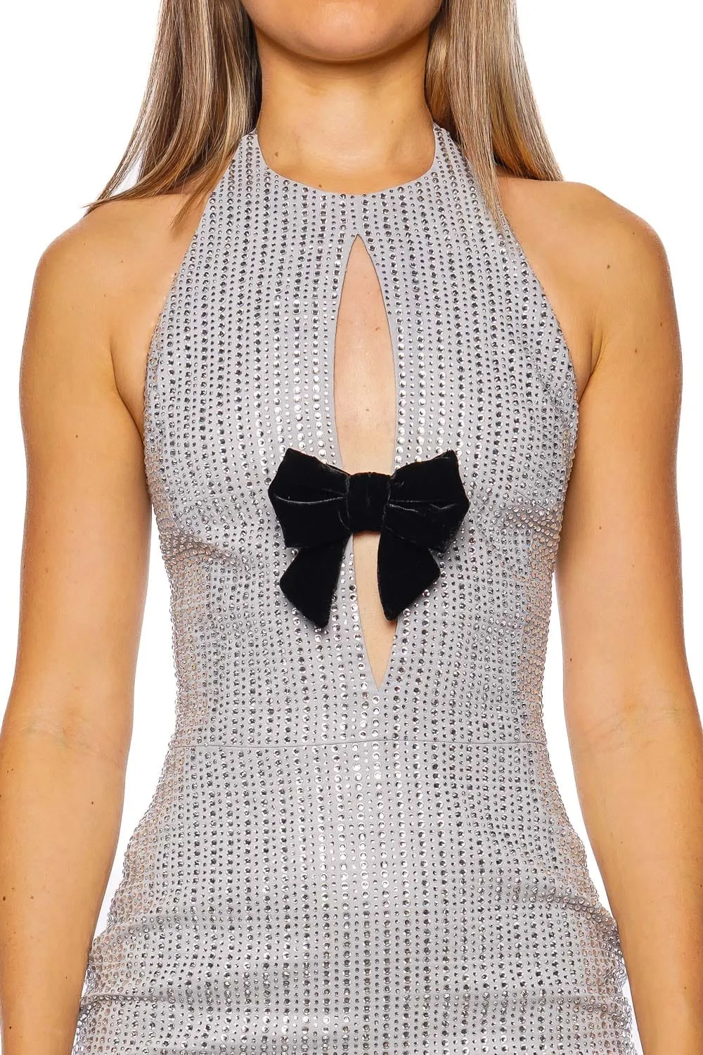Crystal Chiffon Bow Halter Mini Dress