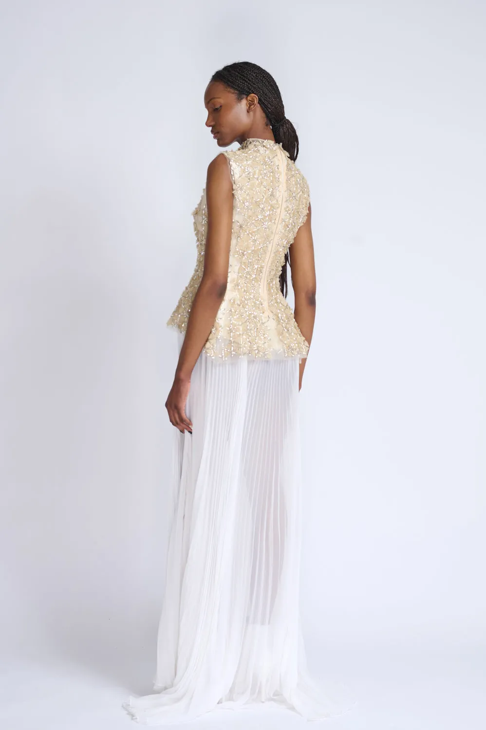 Crystal Lattice Embroidered Tulle Top with Ivory Gazar and Pleated Chiffon Gown