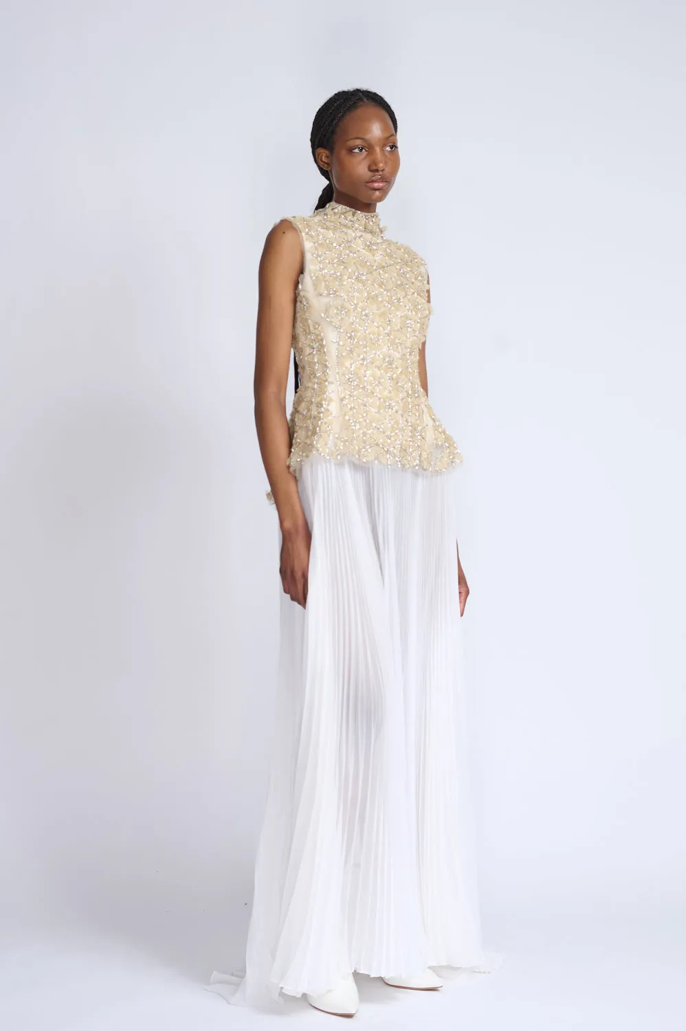 Crystal Lattice Embroidered Tulle Top with Ivory Gazar and Pleated Chiffon Gown