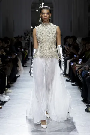 Crystal Lattice Embroidered Tulle Top with Ivory Gazar and Pleated Chiffon Gown