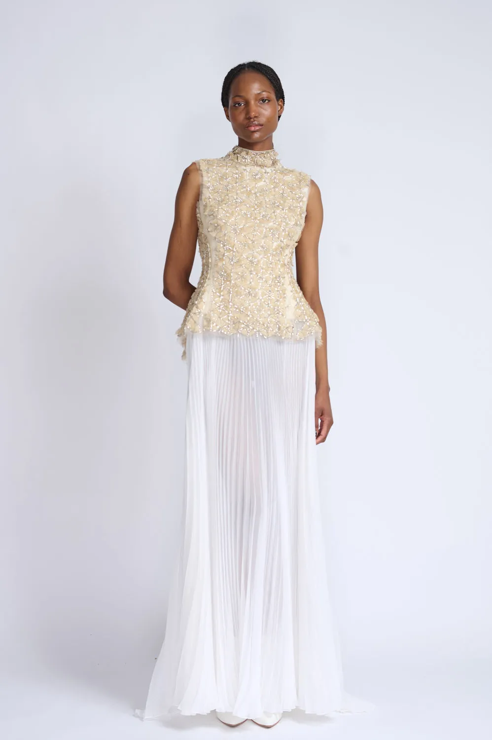 Crystal Lattice Embroidered Tulle Top with Ivory Gazar and Pleated Chiffon Gown