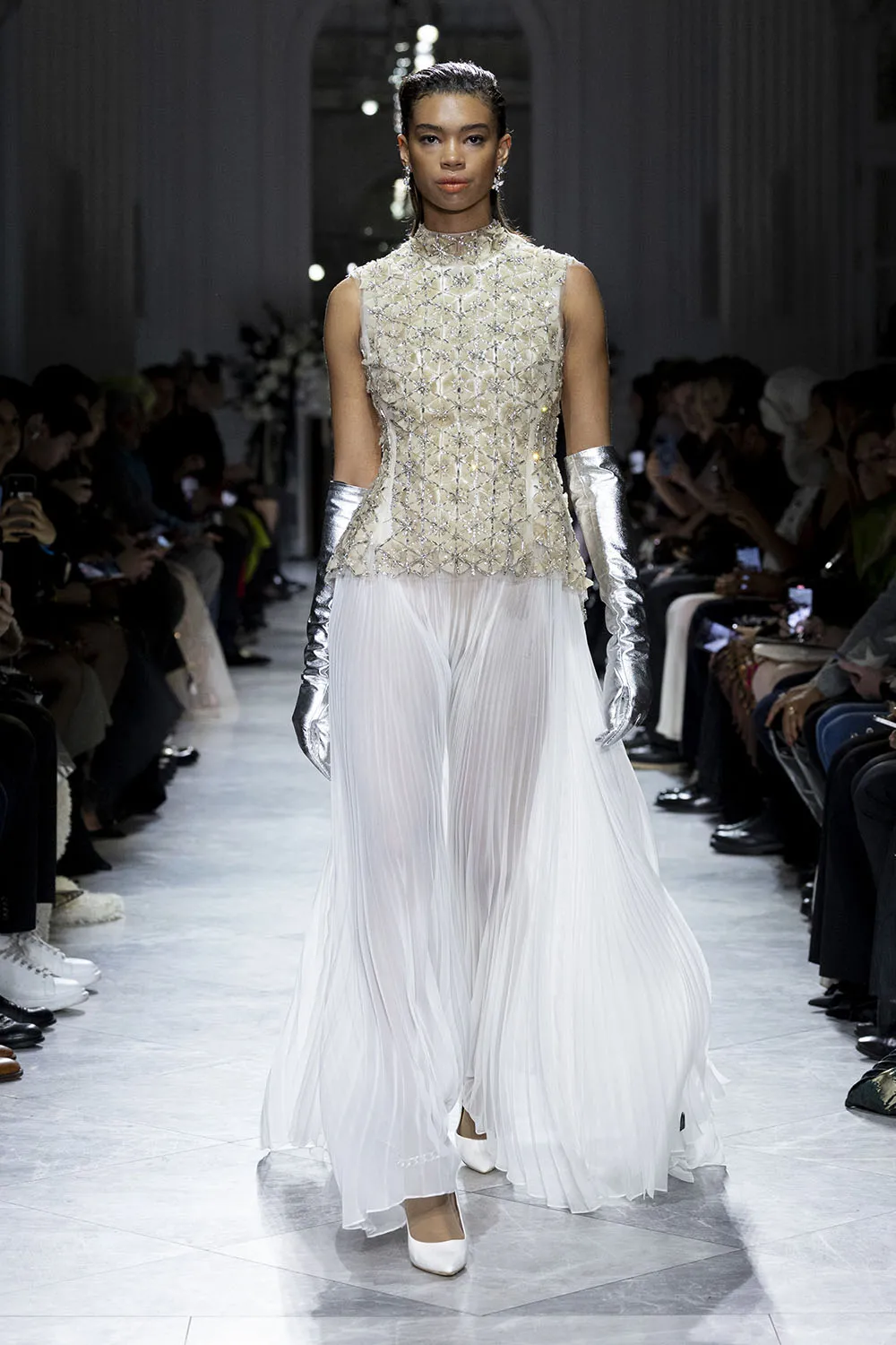 Crystal Lattice Embroidered Tulle Top with Ivory Gazar and Pleated Chiffon Gown