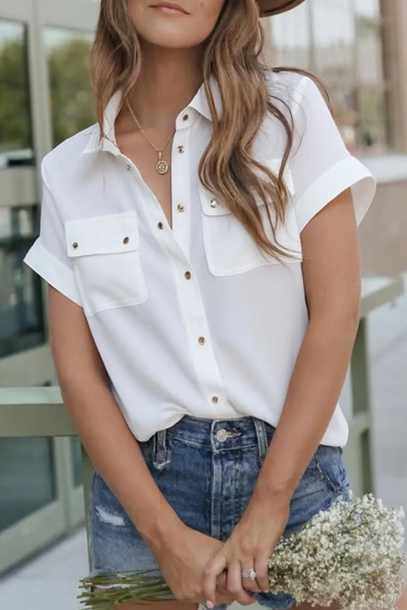 Daily Solid Color Pocket Buttons Turndown Collar Tops