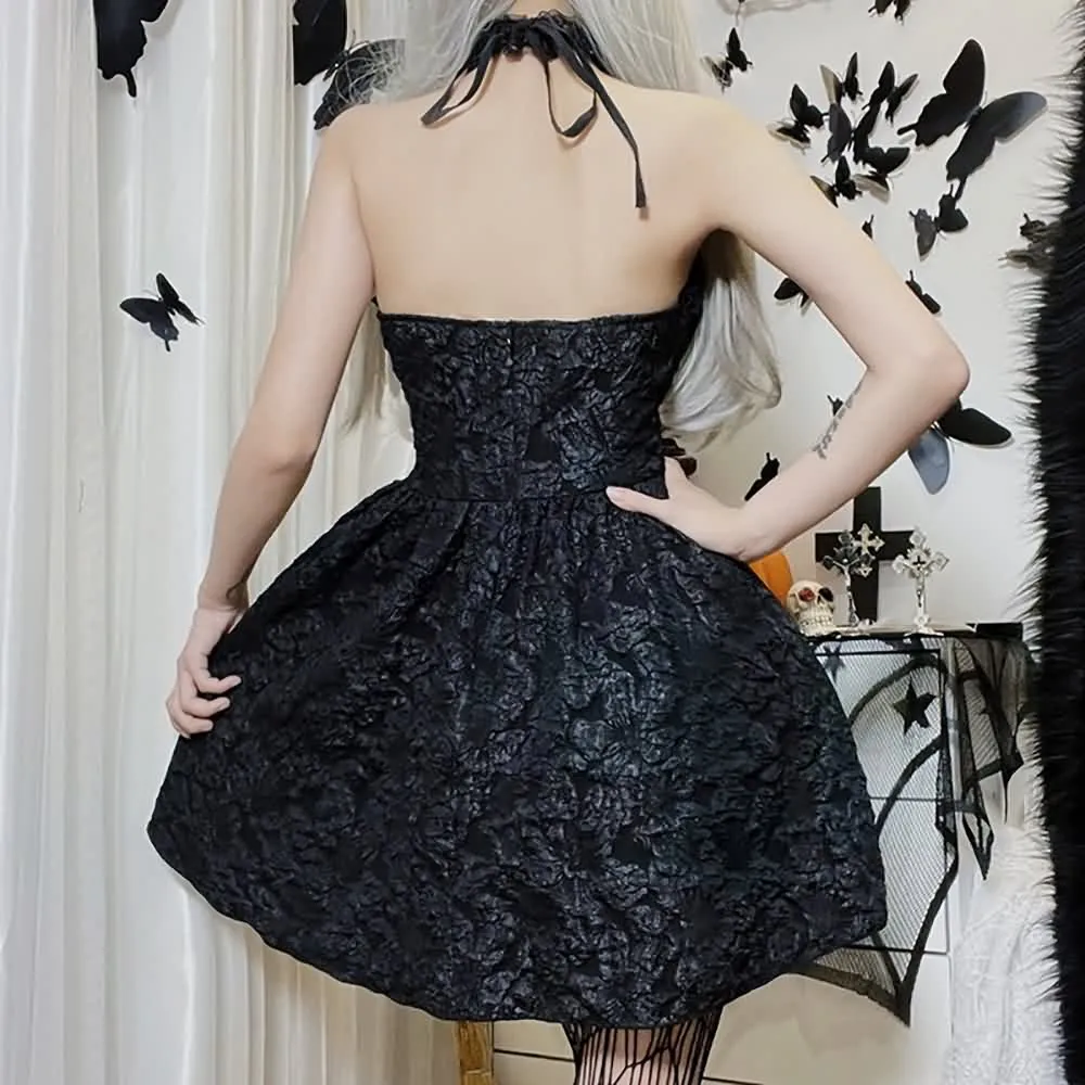 Dark Gothic Tie Front Short Halter Dress