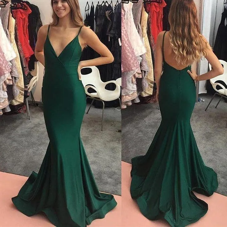 Dark Green Backless Mermaid Prom Dress with V-neckline