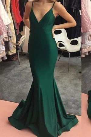 Dark Green Backless Mermaid Prom Dress with V-neckline